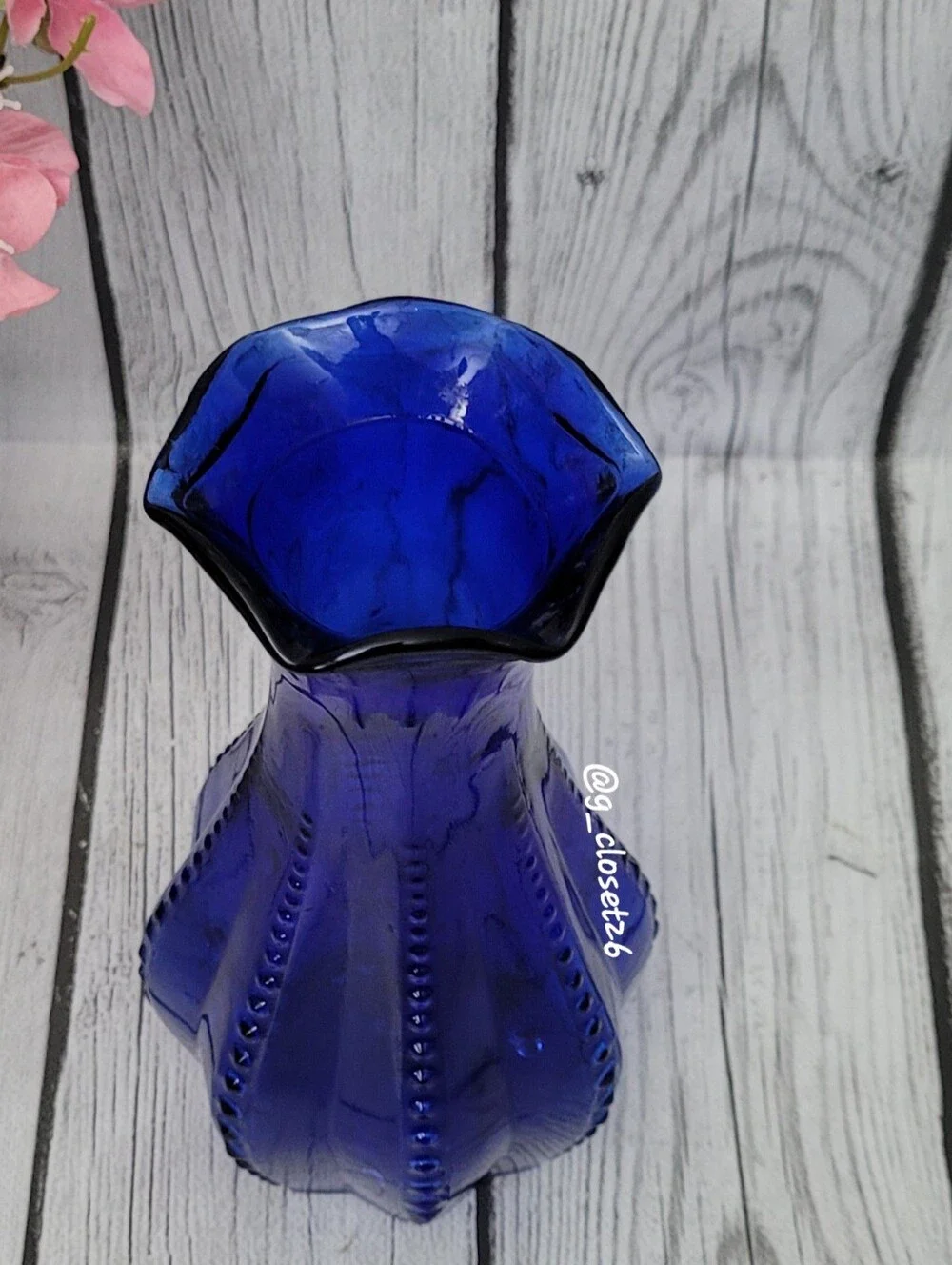 Vintage Indiana Glass Cobalt Blue Beaded Rib Vase with Ruffled Rim